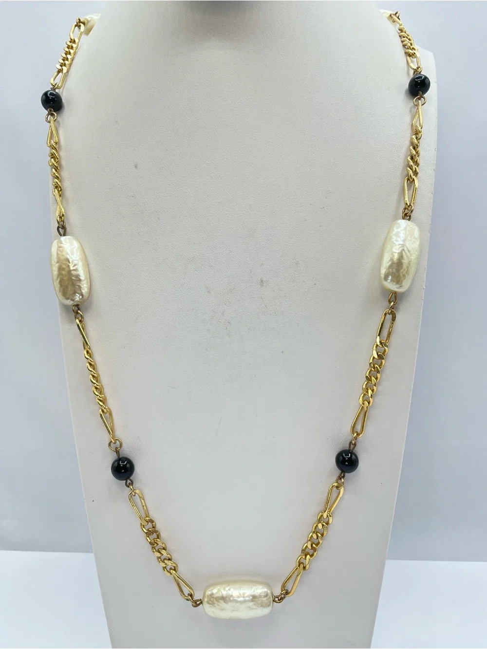 Gold Tone Faux Pearl Black Crystal Bead Long Statement Necklace